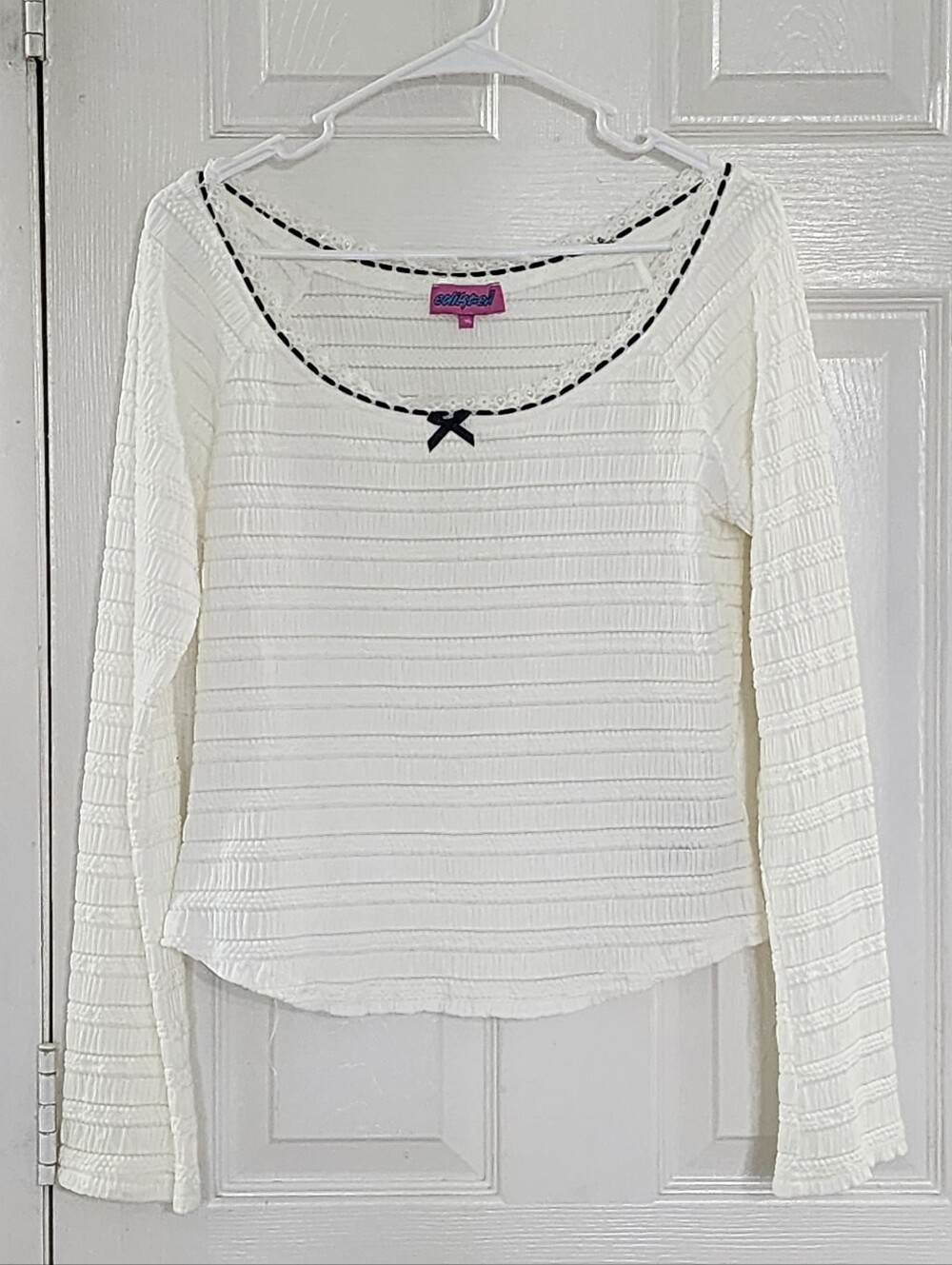 EDIKTED Off White Textured Scoop Neck Long Sleeve Top Black Bow Trim XL